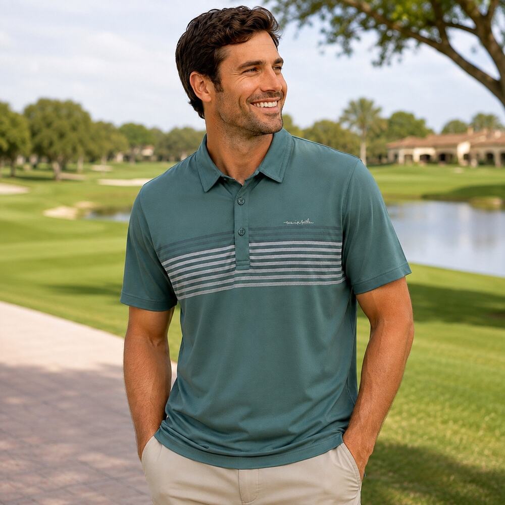 TravisMathew Men’s Polo Shirt Medium Green Striped Pima Cotton Golf Performance